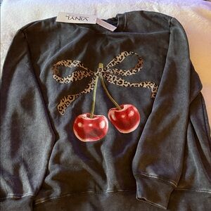 Gray Sweatshirt with Cherry and Leopard Bow Design